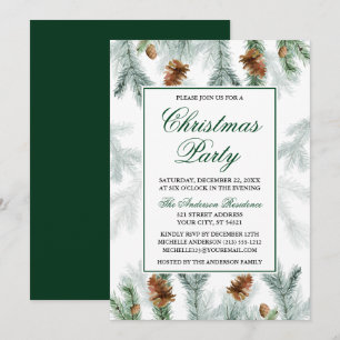Watercolor Greenery Pine Cones Christmas Party Invitation