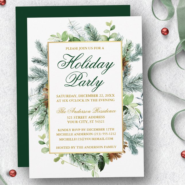 Watercolor Greenery Pine Holiday Party Gold Invitation (Customize to change text color, size, style or to change color of back of card.)
