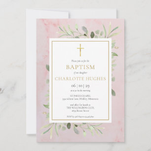 Watercolor Greenery Pink Baptism Christening Invitation
