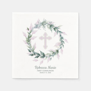 Watercolor Greenery Pink Cross First Communion Napkin