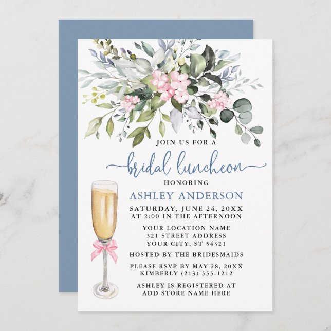 Watercolor Greenery Pink Dusty Blue Bridal Lunch Invitation (Front/Back)