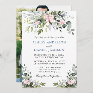 Watercolor Greenery Pink Dusty Blue Photo Wedding Invitation