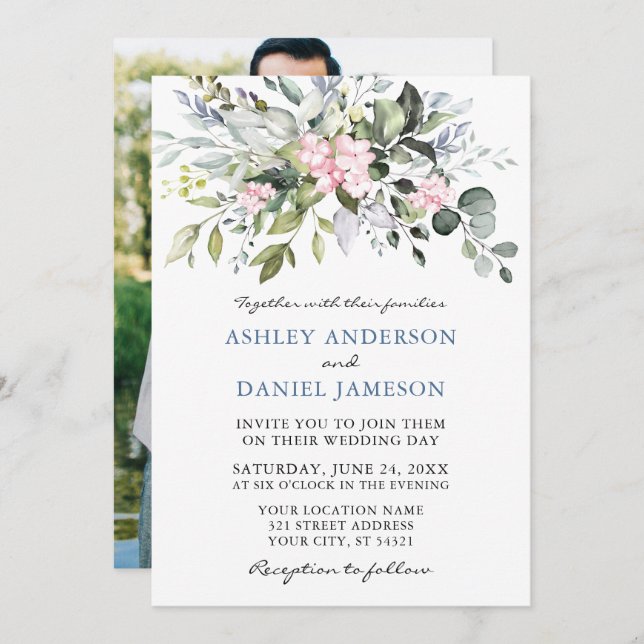 Watercolor Greenery Pink Dusty Blue Photo Wedding Invitation (Front/Back)