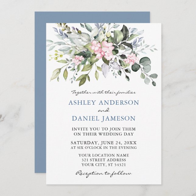Watercolor Greenery Pink Dusty Blue Wedding Invitation (Front/Back)
