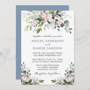 Watercolor Greenery Pink Dusty Blue Wedding Invitation