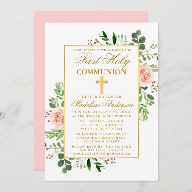 Watercolor Greenery Pink Floral First Communion Invitation (Front/Back)