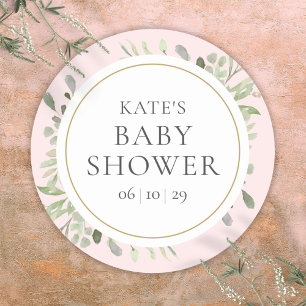 Watercolor Greenery Pink Girl Baby Shower Classic Round Sticker