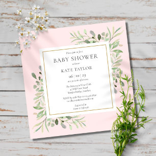 Watercolor Greenery Pink Girl Baby Shower Invitation