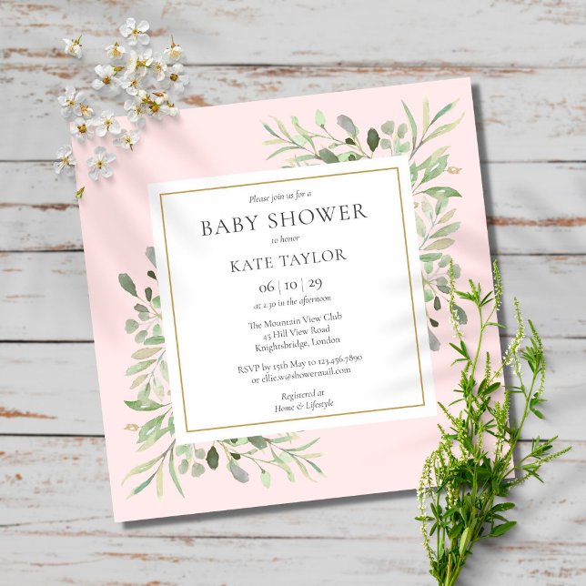 Watercolor Greenery Pink Girl Baby Shower Invitation (Creator Uploaded)