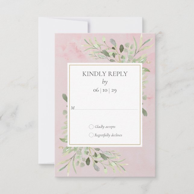 Watercolor Greenery  Pink Marble Wedding RSVP (Front)