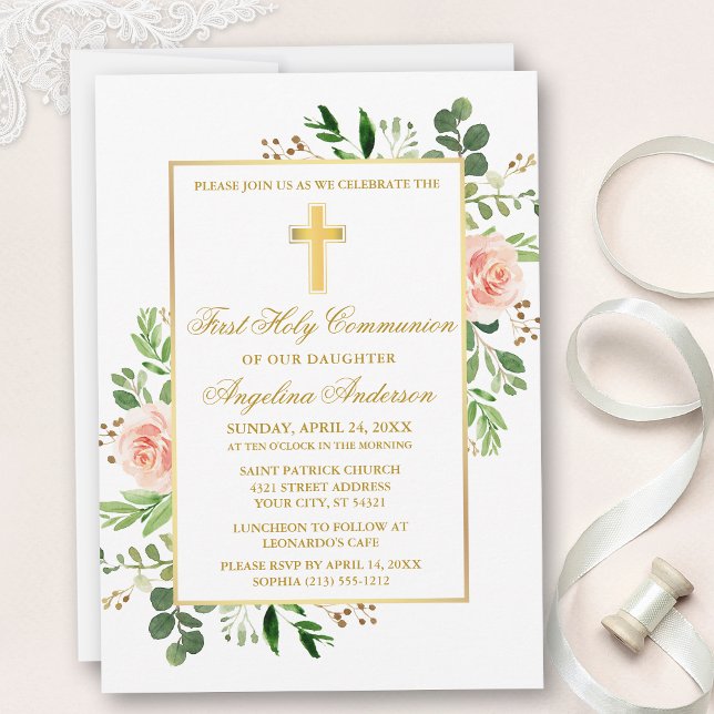 Watercolor Greenery Pink Roses First Communion Invitation (Customize to change text color, size, style or to add photos or more text to back of card.)