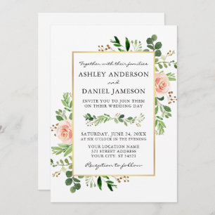 Watercolor Greenery Pink Roses Gold Photo Wedding Invitation