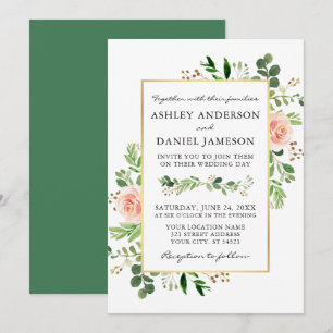 Watercolor Greenery Pink Roses Gold Wedding Invitation