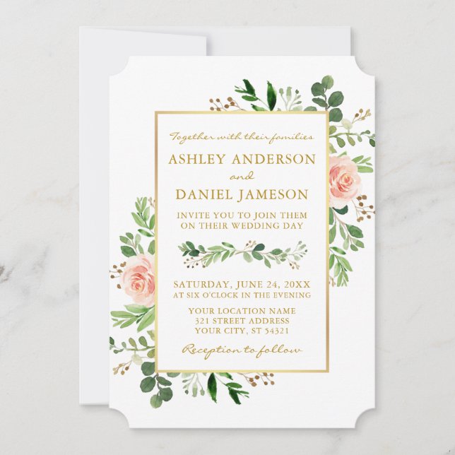 Watercolor Greenery Pink Roses Gold Wedding Invitation (Front)