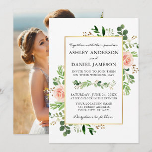 Watercolor Greenery Pink Roses Photo Back Wedding Invitation