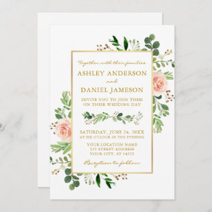 Watercolor Greenery Pink Roses Photo Gold Wedding Invitation