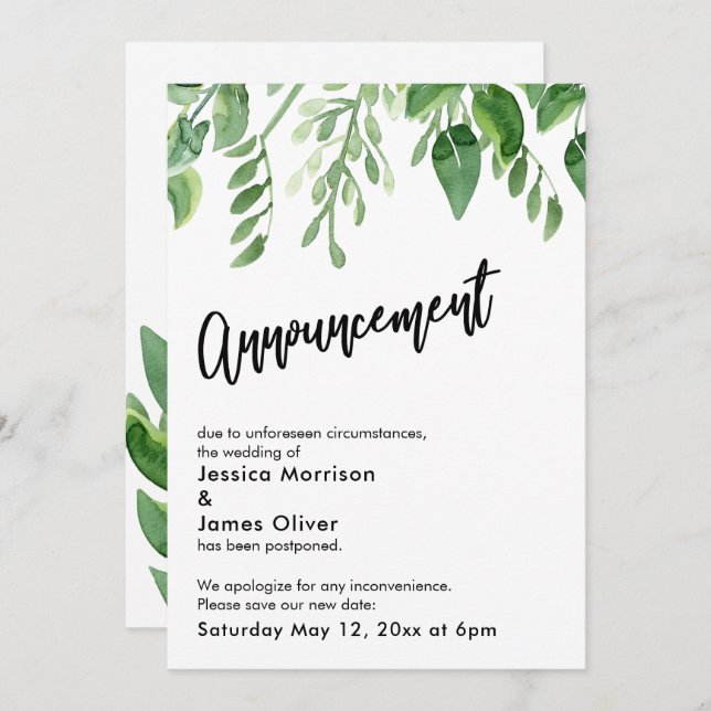 Watercolor Greenery Postponed Wedding Announcement (Front/Back)