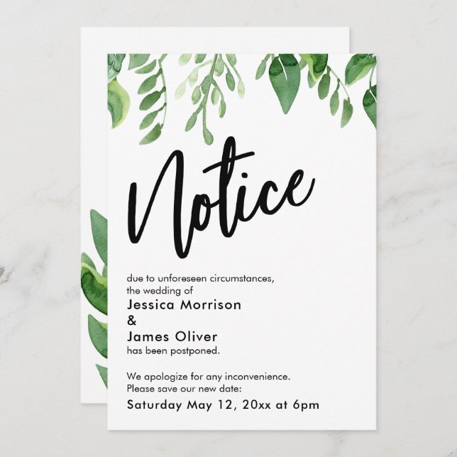 Watercolor Greenery Postponed Wedding Notice Card (Front/Back)