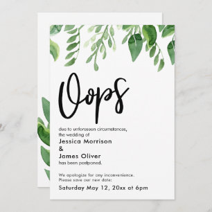 Watercolor Greenery Postponed Wedding "Oops" Card