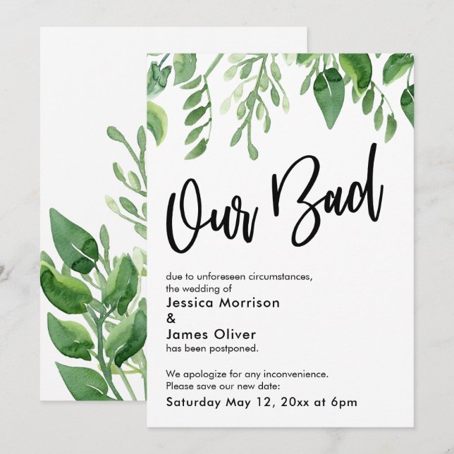 Watercolor Greenery Postponed Wedding Our Bad Card (Front/Back)