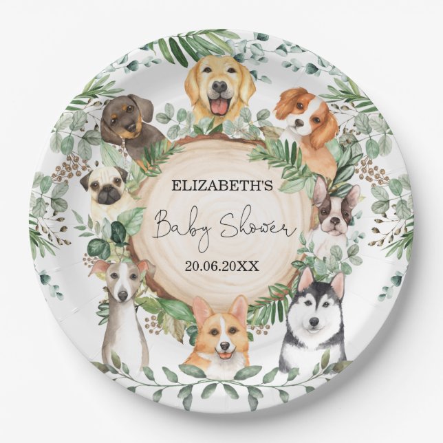 Watercolor Greenery Puppy Dog Baby Shower Pawty Paper Plate (Front)