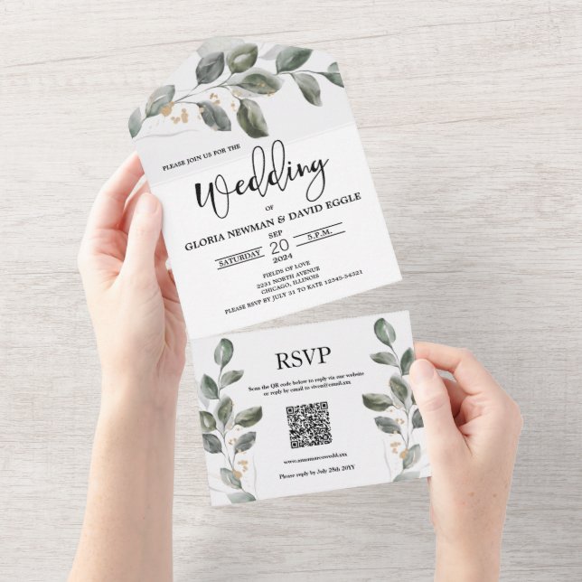 Watercolor Greenery QR Code All In One Invitation (Tearaway)