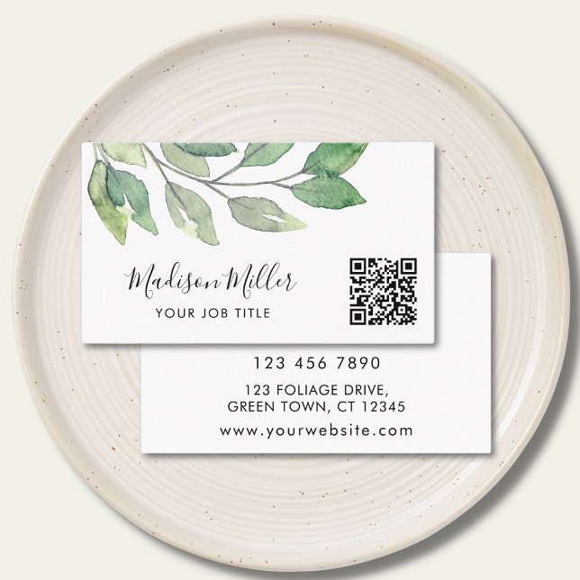 Watercolor Greenery QR Code Business Card (Creator Uploaded)