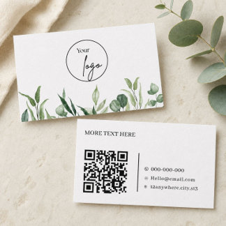 Watercolor Greenery QR Code Custom Logo Business C Card