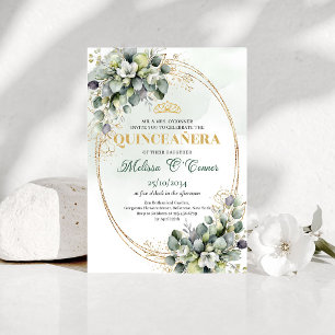 Watercolor Greenery Quinceañera Sage Green Invite
