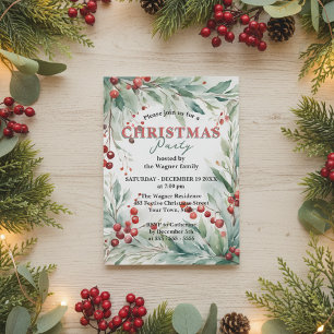 Watercolor Greenery & Red Berries Christmas Party  Invitation
