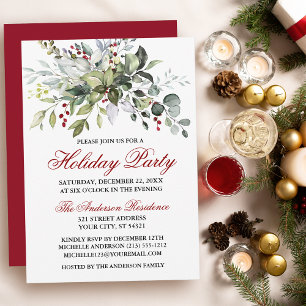 Watercolor Greenery Red Berries Holiday Party Red Invitation