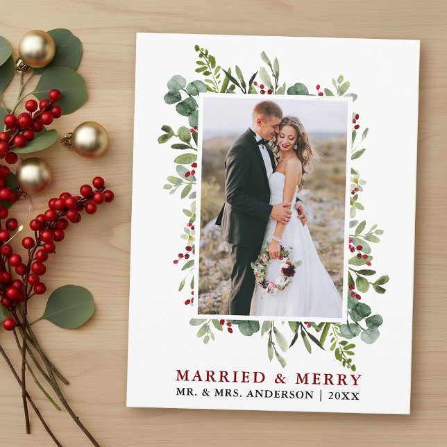 Watercolor Greenery Red Berries Married & Merry Postcard (Customize to change text size or text style.)