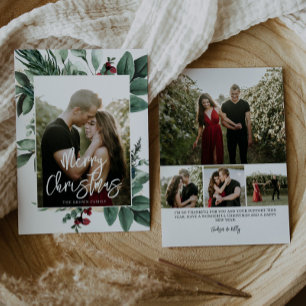 Watercolor Greenery Red Berries Photo Holiday Card