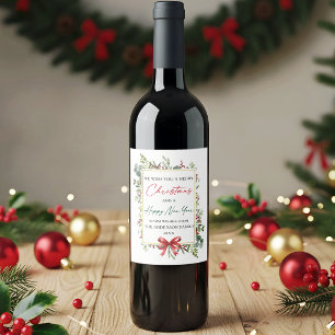 Watercolor Greenery Red Bow Christmas New Year Wine Label