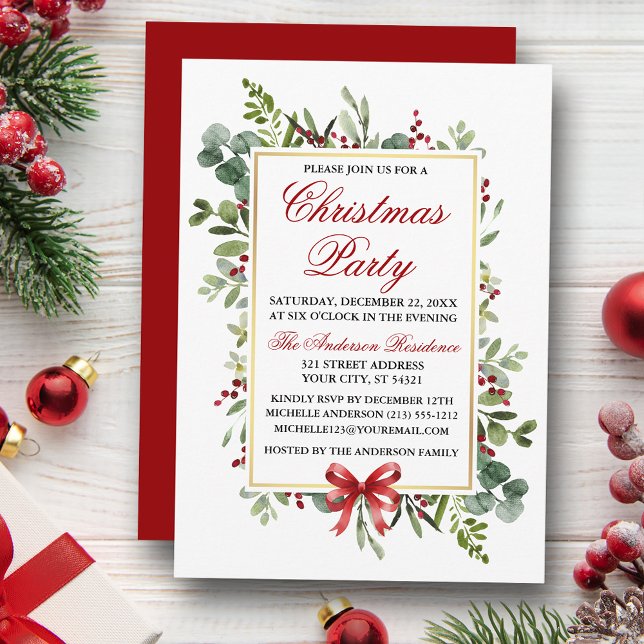 Watercolor Greenery Red Bow Christmas Party Invitation (Customize to change color of back of card.)