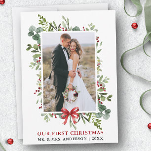 Watercolor Greenery Red Bow First Christmas Holiday Card