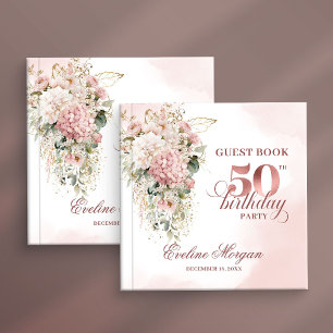 Watercolor Greenery Rose Gold 50th Birthday Sign Guest Book
