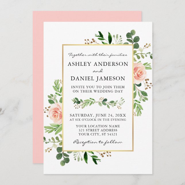 Watercolor Greenery Roses Pink Blush Wedding Invitation (Front/Back)