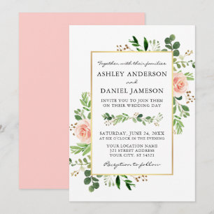 Watercolor Greenery Roses Pink Blush Wedding Invitation