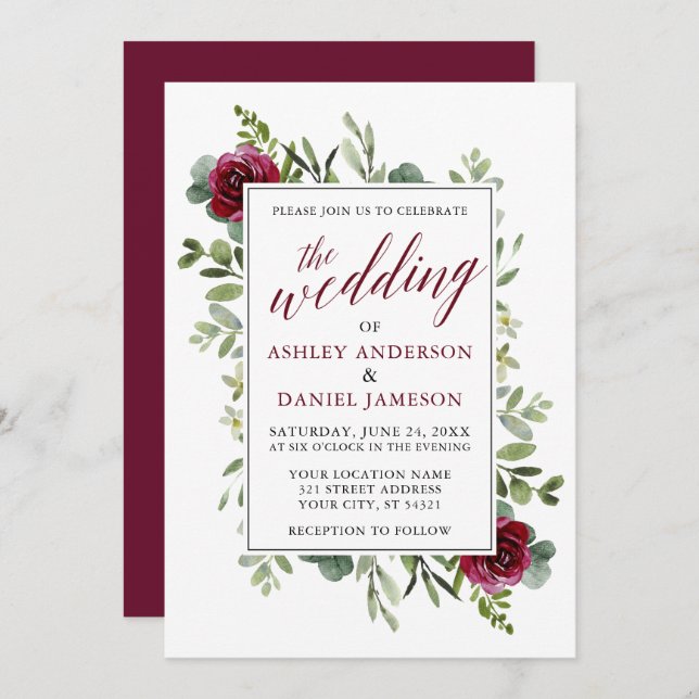 Watercolor Greenery Roses Wedding Burgundy Invitation (Front/Back)