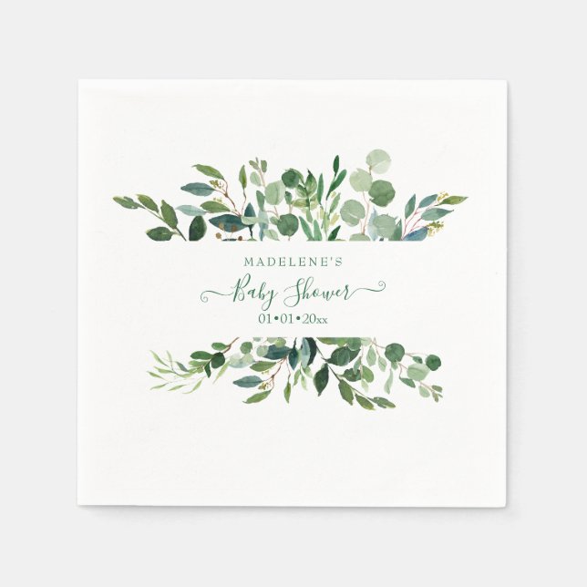 Watercolor Greenery, Rustic Eucalyptus Baby Shower Napkin (Front)