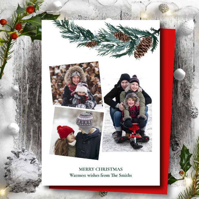 Watercolor Greenery Rustic Green Pine Cone Bough Holiday Card (Creator Uploaded)