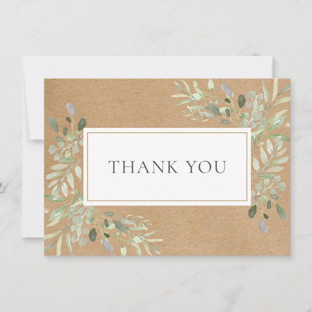 Watercolor Greenery Rustic Kraft Thank You (Front)