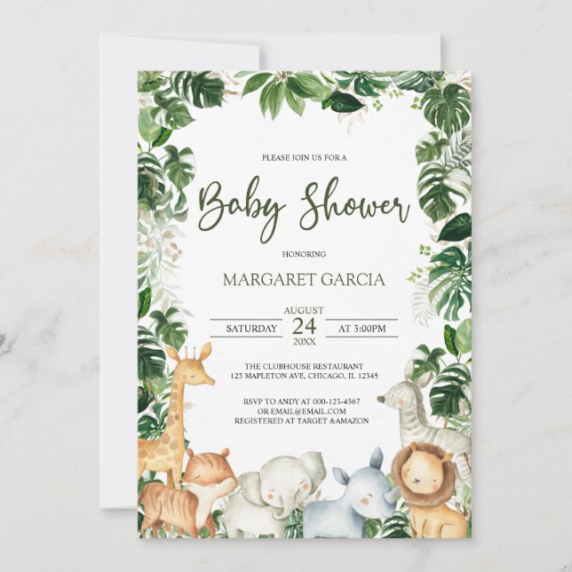 Watercolor Greenery Safari Animals Boy Baby Shower Invitation (Front)