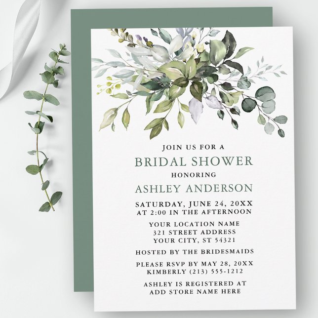 Watercolor Greenery Sage Green Bridal Shower Invitation (Customize to change text color, text style or color of back of card.)
