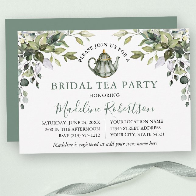 Watercolor Greenery Sage Green Bridal Tea Party Invitation (Customize to change text color, text style or color of back of card.)