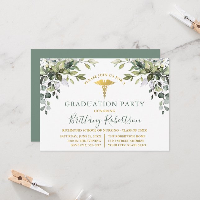 Watercolor Greenery Sage Green Medical Grad Party Invitation (Front/Back In Situ)
