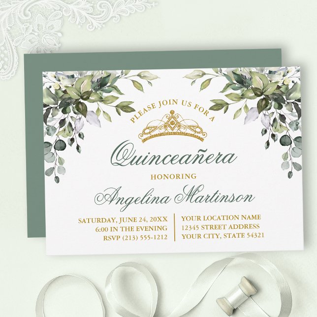 Watercolor Greenery Sage Green Quinceanera Party Invitation (Customize to change text color, style, add text & photos to back or change color of back of card.)