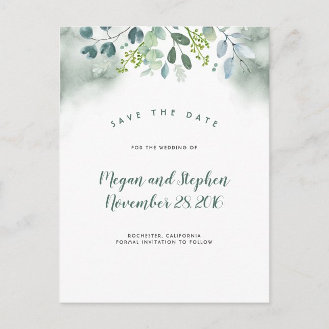 Watercolor Greenery Save the Date Announcement Postcard (Front)
