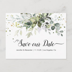Watercolor Greenery Save the date Postcard